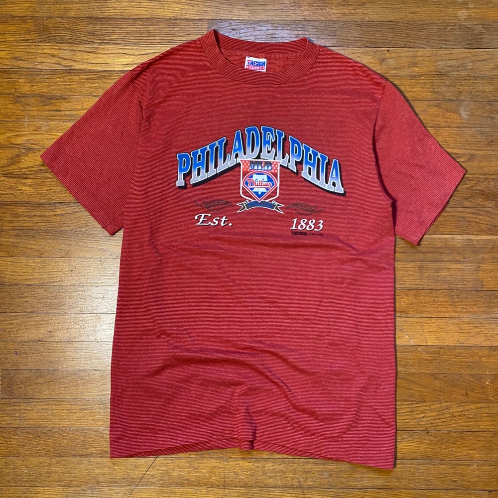 Vintage 1993 Philadelphia Phillies Trench Ultra Striped Shirt Mens Large Red USA